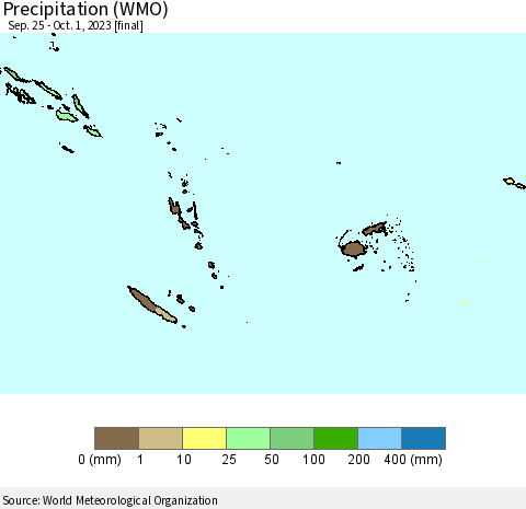 Fiji, Samoa, Solomon Isl. and Vanuatu Precipitation (WMO) Thematic Map For 9/25/2023 - 10/1/2023