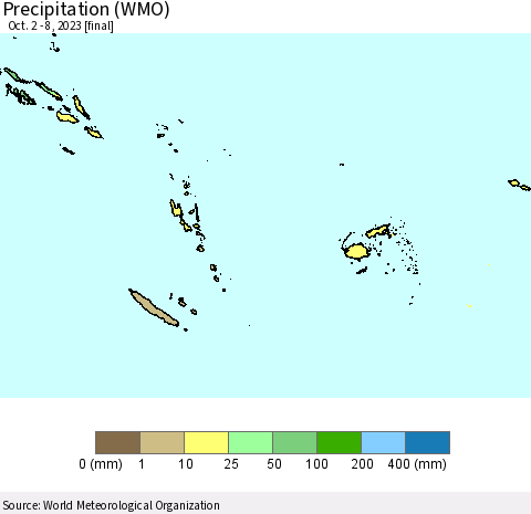 Fiji, Samoa, Solomon Isl. and Vanuatu Precipitation (WMO) Thematic Map For 10/2/2023 - 10/8/2023