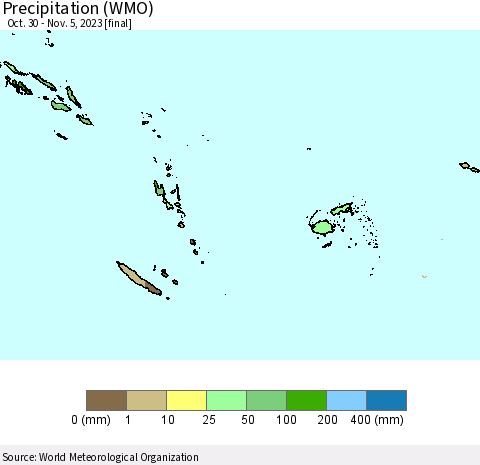 Fiji, Samoa, Solomon Isl. and Vanuatu Precipitation (WMO) Thematic Map For 10/30/2023 - 11/5/2023