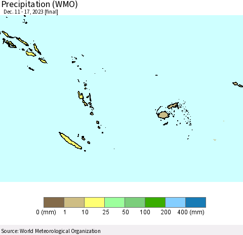 Fiji, Samoa, Solomon Isl. and Vanuatu Precipitation (WMO) Thematic Map For 12/11/2023 - 12/17/2023