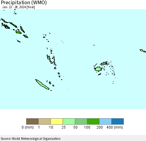 Fiji, Samoa, Solomon Isl. and Vanuatu Precipitation (WMO) Thematic Map For 1/22/2024 - 1/28/2024