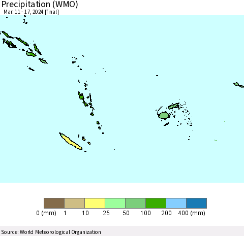 Fiji, Samoa, Solomon Isl. and Vanuatu Precipitation (WMO) Thematic Map For 3/11/2024 - 3/17/2024