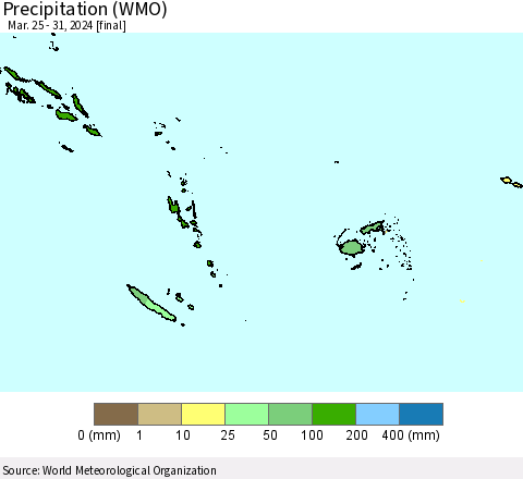 Fiji, Samoa, Solomon Isl. and Vanuatu Precipitation (WMO) Thematic Map For 3/25/2024 - 3/31/2024