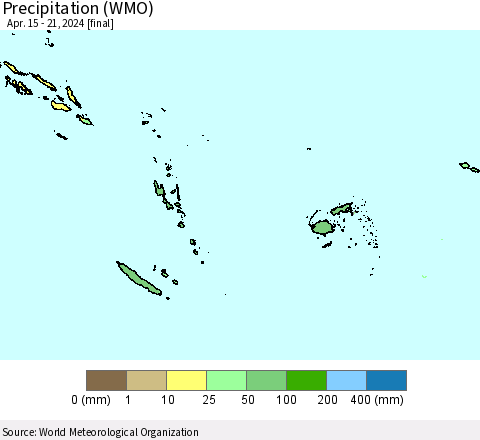 Fiji, Samoa, Solomon Isl. and Vanuatu Precipitation (WMO) Thematic Map For 4/15/2024 - 4/21/2024