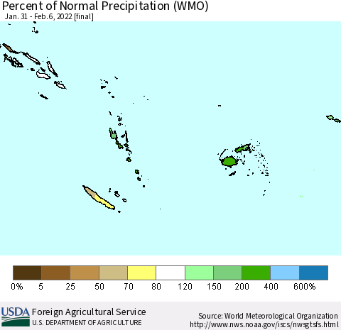 Fiji, Samoa, Solomon Isl. and Vanuatu Percent of Normal Precipitation (WMO) Thematic Map For 1/31/2022 - 2/6/2022