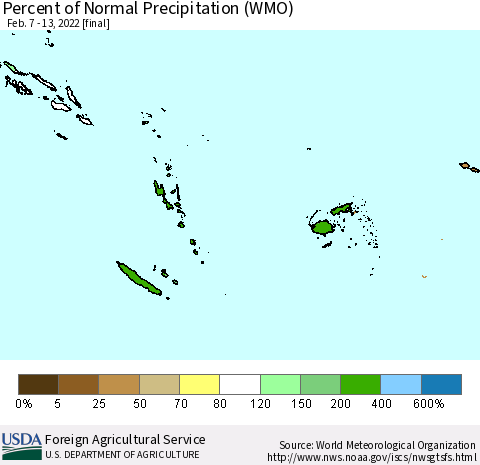 Fiji, Samoa, Solomon Isl. and Vanuatu Percent of Normal Precipitation (WMO) Thematic Map For 2/7/2022 - 2/13/2022