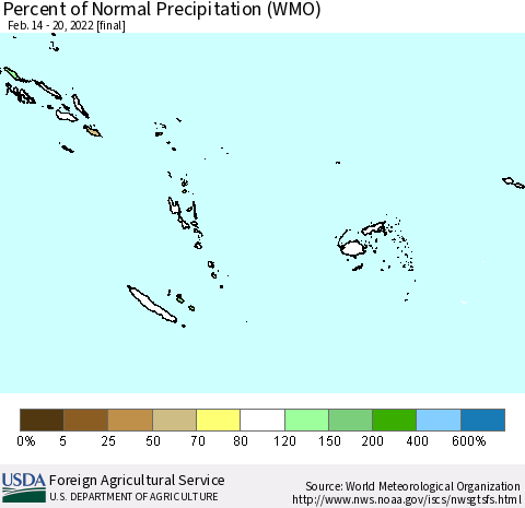 Fiji, Samoa, Solomon Isl. and Vanuatu Percent of Normal Precipitation (WMO) Thematic Map For 2/14/2022 - 2/20/2022