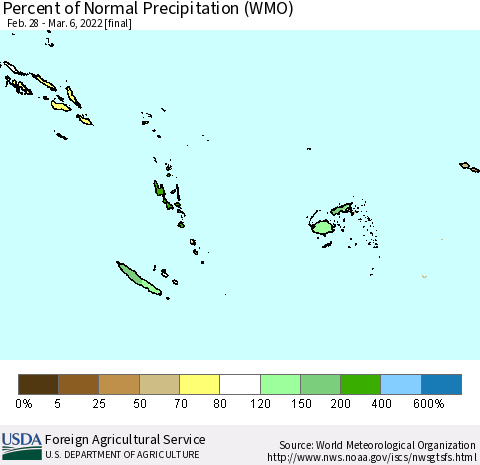 Fiji, Samoa, Solomon Isl. and Vanuatu Percent of Normal Precipitation (WMO) Thematic Map For 2/28/2022 - 3/6/2022