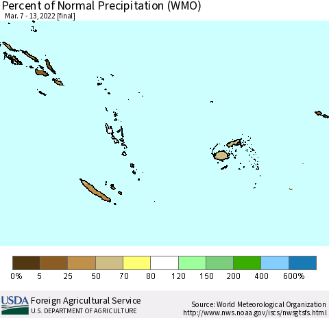 Fiji, Samoa, Solomon Isl. and Vanuatu Percent of Normal Precipitation (WMO) Thematic Map For 3/7/2022 - 3/13/2022