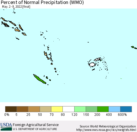 Fiji, Samoa, Solomon Isl. and Vanuatu Percent of Normal Precipitation (WMO) Thematic Map For 5/2/2022 - 5/8/2022