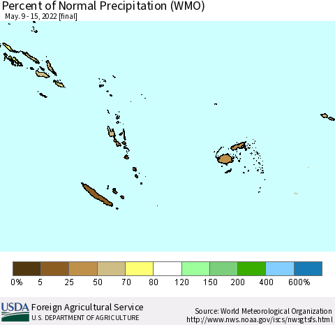 Fiji, Samoa, Solomon Isl. and Vanuatu Percent of Normal Precipitation (WMO) Thematic Map For 5/9/2022 - 5/15/2022