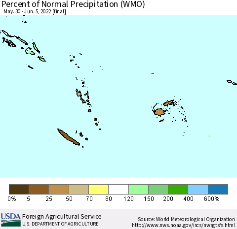 Fiji, Samoa, Solomon Isl. and Vanuatu Percent of Normal Precipitation (WMO) Thematic Map For 5/30/2022 - 6/5/2022