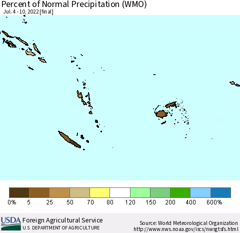 Fiji, Samoa, Solomon Isl. and Vanuatu Percent of Normal Precipitation (WMO) Thematic Map For 7/4/2022 - 7/10/2022