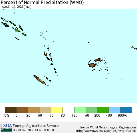 Fiji, Samoa, Solomon Isl. and Vanuatu Percent of Normal Precipitation (WMO) Thematic Map For 8/8/2022 - 8/14/2022
