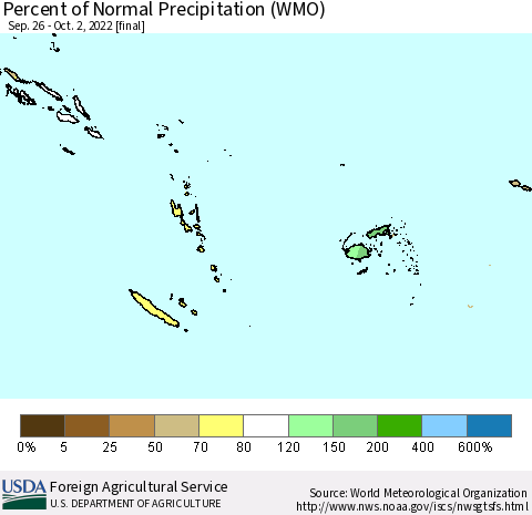 Fiji, Samoa, Solomon Isl. and Vanuatu Percent of Normal Precipitation (WMO) Thematic Map For 9/26/2022 - 10/2/2022