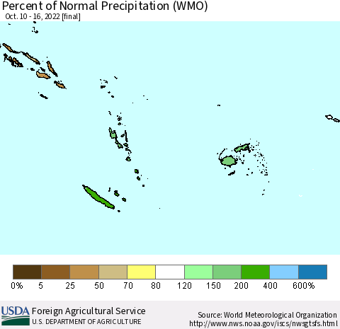 Fiji, Samoa, Solomon Isl. and Vanuatu Percent of Normal Precipitation (WMO) Thematic Map For 10/10/2022 - 10/16/2022