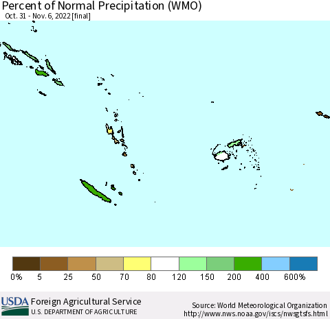 Fiji, Samoa, Solomon Isl. and Vanuatu Percent of Normal Precipitation (WMO) Thematic Map For 10/31/2022 - 11/6/2022
