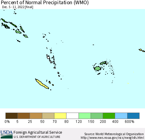 Fiji, Samoa, Solomon Isl. and Vanuatu Percent of Normal Precipitation (WMO) Thematic Map For 12/5/2022 - 12/11/2022