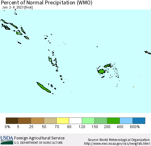 Fiji, Samoa, Solomon Isl. and Vanuatu Percent of Normal Precipitation (WMO) Thematic Map For 1/2/2023 - 1/8/2023