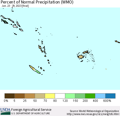 Fiji, Samoa, Solomon Isl. and Vanuatu Percent of Normal Precipitation (WMO) Thematic Map For 1/23/2023 - 1/29/2023