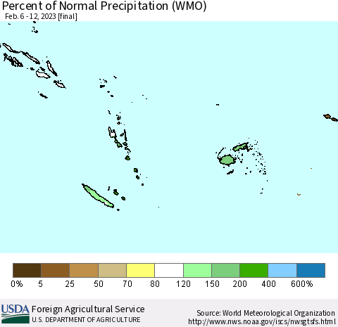 Fiji, Samoa, Solomon Isl. and Vanuatu Percent of Normal Precipitation (WMO) Thematic Map For 2/6/2023 - 2/12/2023