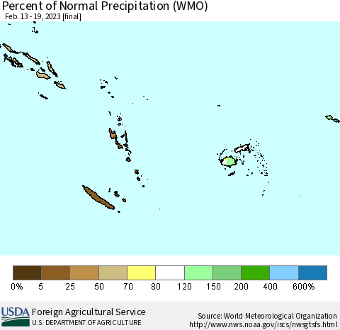 Fiji, Samoa, Solomon Isl. and Vanuatu Percent of Normal Precipitation (WMO) Thematic Map For 2/13/2023 - 2/19/2023