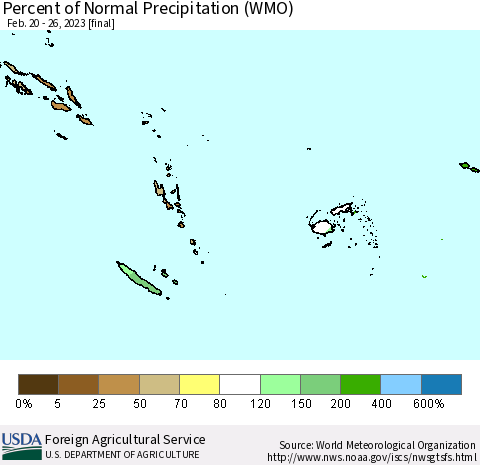 Fiji, Samoa, Solomon Isl. and Vanuatu Percent of Normal Precipitation (WMO) Thematic Map For 2/20/2023 - 2/26/2023