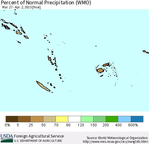 Fiji, Samoa, Solomon Isl. and Vanuatu Percent of Normal Precipitation (WMO) Thematic Map For 3/27/2023 - 4/2/2023
