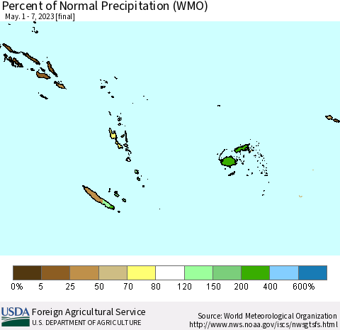 Fiji, Samoa, Solomon Isl. and Vanuatu Percent of Normal Precipitation (WMO) Thematic Map For 5/1/2023 - 5/7/2023