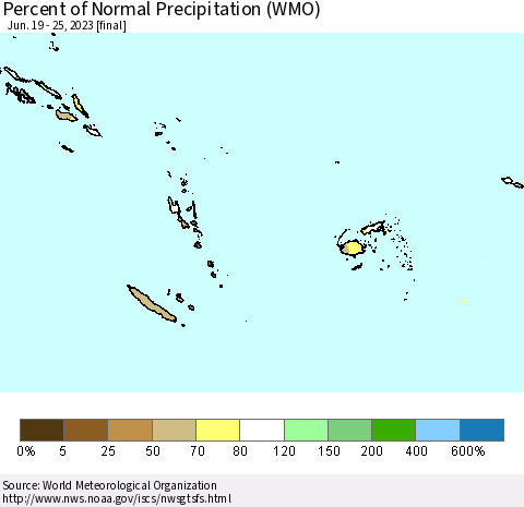Fiji, Samoa, Solomon Isl. and Vanuatu Percent of Normal Precipitation (WMO) Thematic Map For 6/19/2023 - 6/25/2023