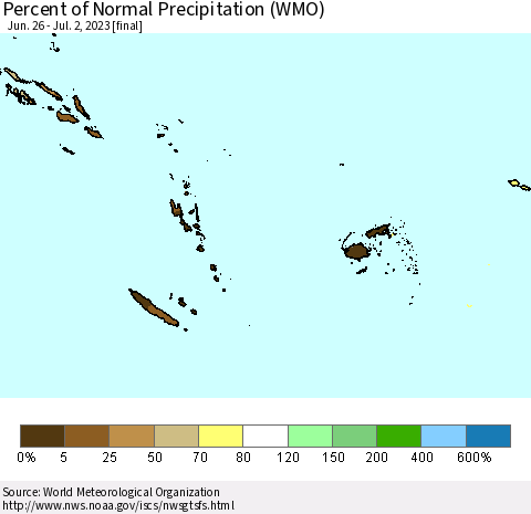 Fiji, Samoa, Solomon Isl. and Vanuatu Percent of Normal Precipitation (WMO) Thematic Map For 6/26/2023 - 7/2/2023
