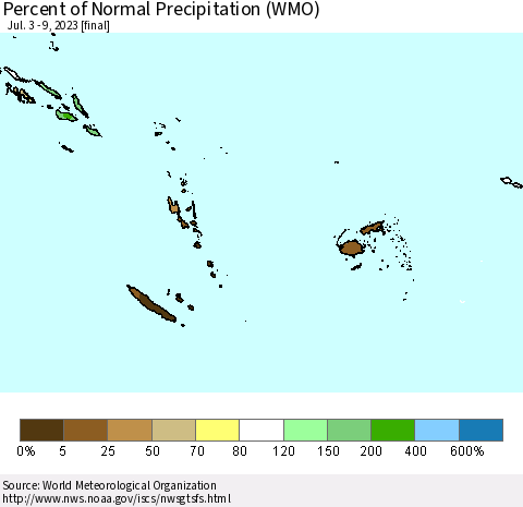 Fiji, Samoa, Solomon Isl. and Vanuatu Percent of Normal Precipitation (WMO) Thematic Map For 7/3/2023 - 7/9/2023