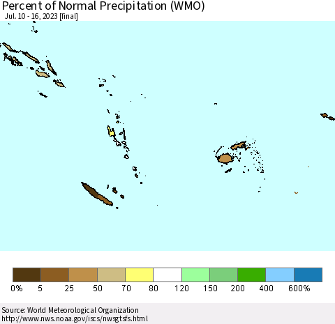 Fiji, Samoa, Solomon Isl. and Vanuatu Percent of Normal Precipitation (WMO) Thematic Map For 7/10/2023 - 7/16/2023