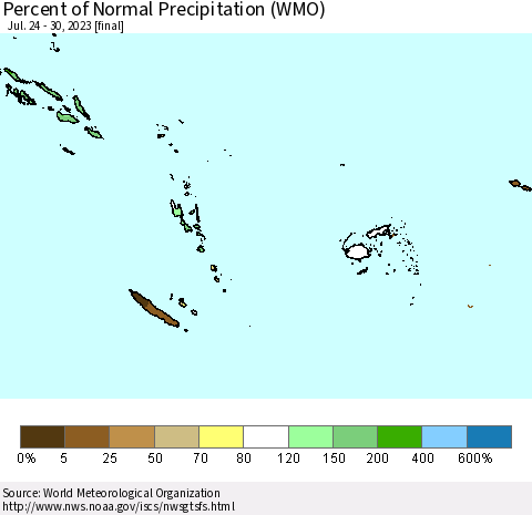 Fiji, Samoa, Solomon Isl. and Vanuatu Percent of Normal Precipitation (WMO) Thematic Map For 7/24/2023 - 7/30/2023