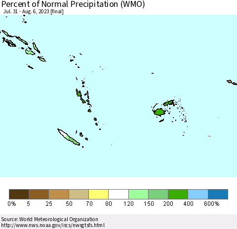 Fiji, Samoa, Solomon Isl. and Vanuatu Percent of Normal Precipitation (WMO) Thematic Map For 7/31/2023 - 8/6/2023