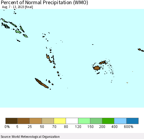 Fiji, Samoa, Solomon Isl. and Vanuatu Percent of Normal Precipitation (WMO) Thematic Map For 8/7/2023 - 8/13/2023