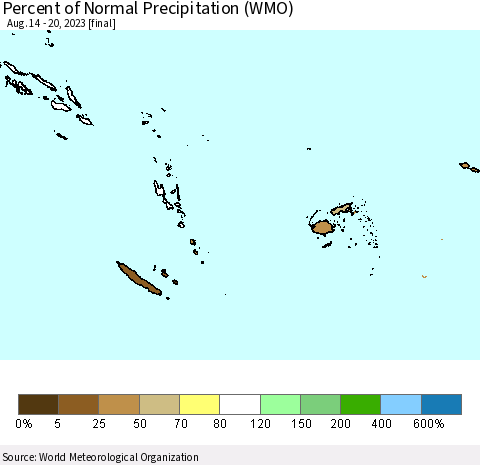 Fiji, Samoa, Solomon Isl. and Vanuatu Percent of Normal Precipitation (WMO) Thematic Map For 8/14/2023 - 8/20/2023