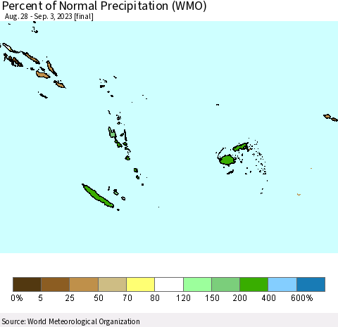 Fiji, Samoa, Solomon Isl. and Vanuatu Percent of Normal Precipitation (WMO) Thematic Map For 8/28/2023 - 9/3/2023
