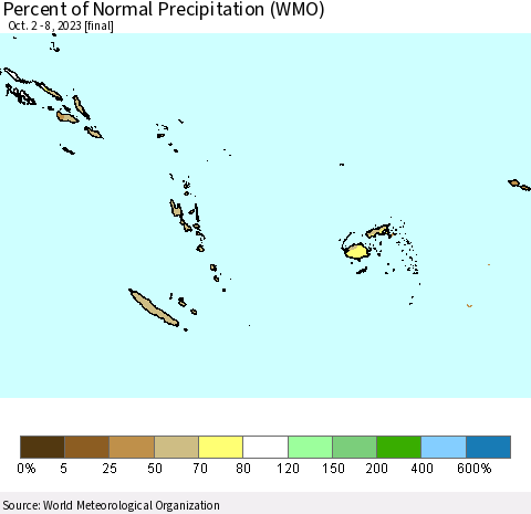 Fiji, Samoa, Solomon Isl. and Vanuatu Percent of Normal Precipitation (WMO) Thematic Map For 10/2/2023 - 10/8/2023