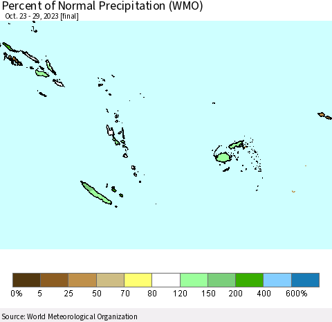 Fiji, Samoa, Solomon Isl. and Vanuatu Percent of Normal Precipitation (WMO) Thematic Map For 10/23/2023 - 10/29/2023
