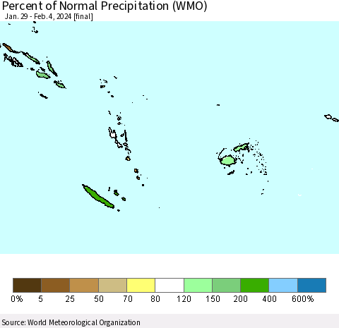 Fiji, Samoa, Solomon Isl. and Vanuatu Percent of Normal Precipitation (WMO) Thematic Map For 1/29/2024 - 2/4/2024