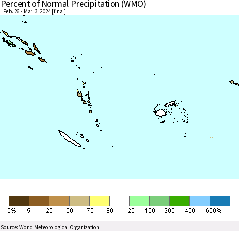 Fiji, Samoa, Solomon Isl. and Vanuatu Percent of Normal Precipitation (WMO) Thematic Map For 2/26/2024 - 3/3/2024