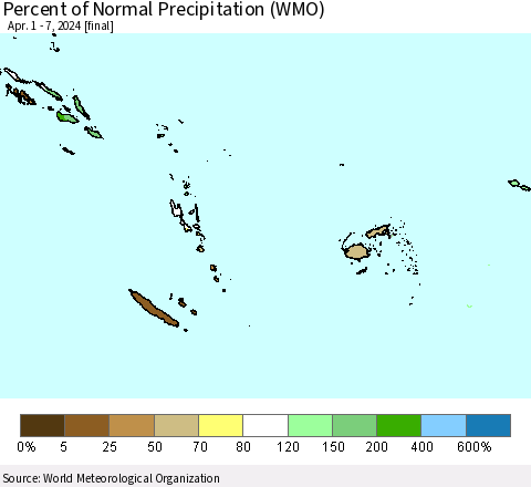 Fiji, Samoa, Solomon Isl. and Vanuatu Percent of Normal Precipitation (WMO) Thematic Map For 4/1/2024 - 4/7/2024