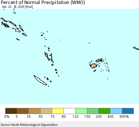 Fiji, Samoa, Solomon Isl. and Vanuatu Percent of Normal Precipitation (WMO) Thematic Map For 4/22/2024 - 4/28/2024