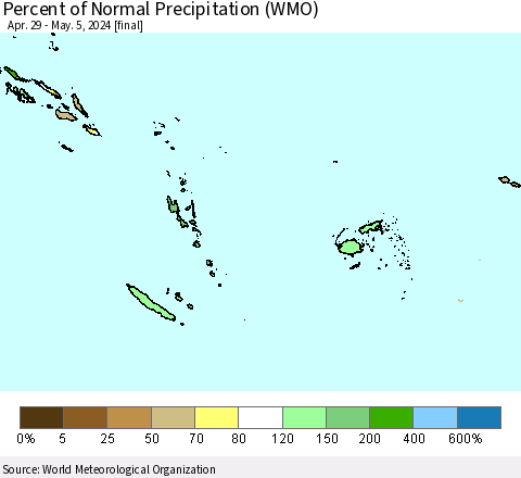 Fiji, Samoa, Solomon Isl. and Vanuatu Percent of Normal Precipitation (WMO) Thematic Map For 4/29/2024 - 5/5/2024