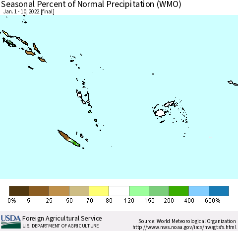 Fiji, Samoa, Solomon Isl. and Vanuatu Seasonal Percent of Normal Precipitation (WMO) Thematic Map For 1/1/2022 - 1/10/2022