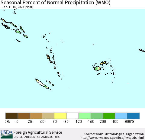 Fiji, Samoa, Solomon Isl. and Vanuatu Seasonal Percent of Normal Precipitation (WMO) Thematic Map For 1/1/2023 - 1/10/2023