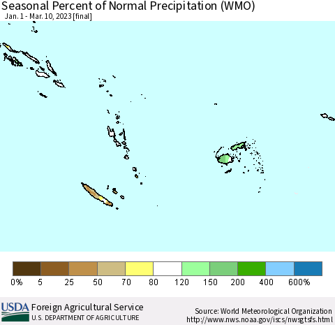 Fiji, Samoa, Solomon Isl. and Vanuatu Seasonal Percent of Normal Precipitation (WMO) Thematic Map For 1/1/2023 - 3/10/2023