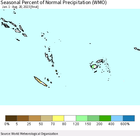 Fiji, Samoa, Solomon Isl. and Vanuatu Seasonal Percent of Normal Precipitation (WMO) Thematic Map For 1/1/2023 - 8/20/2023
