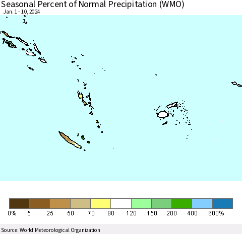 Fiji, Samoa, Solomon Isl. and Vanuatu Seasonal Percent of Normal Precipitation (WMO) Thematic Map For 1/1/2024 - 1/10/2024